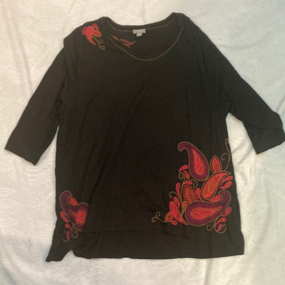 J.Jill Embroidered Black Pima & Modal Cotton 3/4 Sleeve 2X